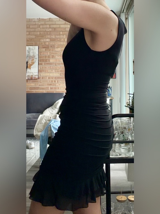 HOCILLE Black Boat Neck Bodycon Ruffle Hem Mini Dress - Picture 11 of 12